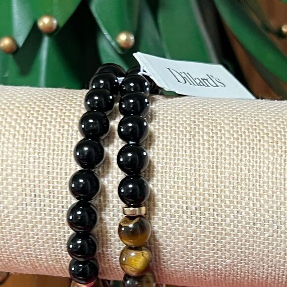 NWT Tiger's Eye and Black Bead 2 Stretch Bracelets #JW7 - Picture 2 of 8